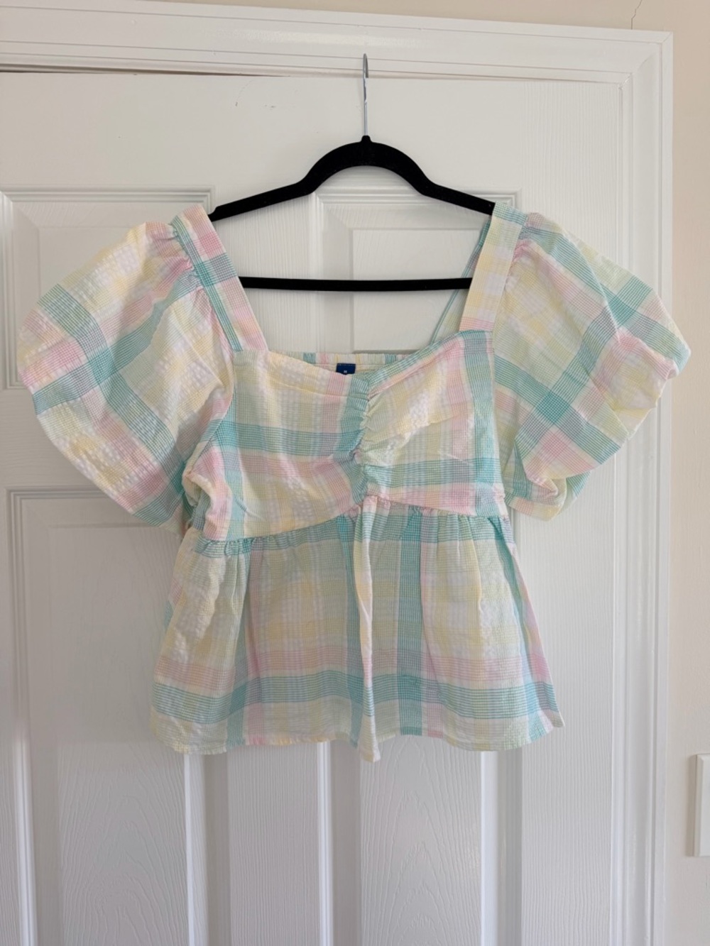 Poof Sleeve Pastel Plaid Square Neck Peplum Blouse - White, Mint, Pink, Yellow